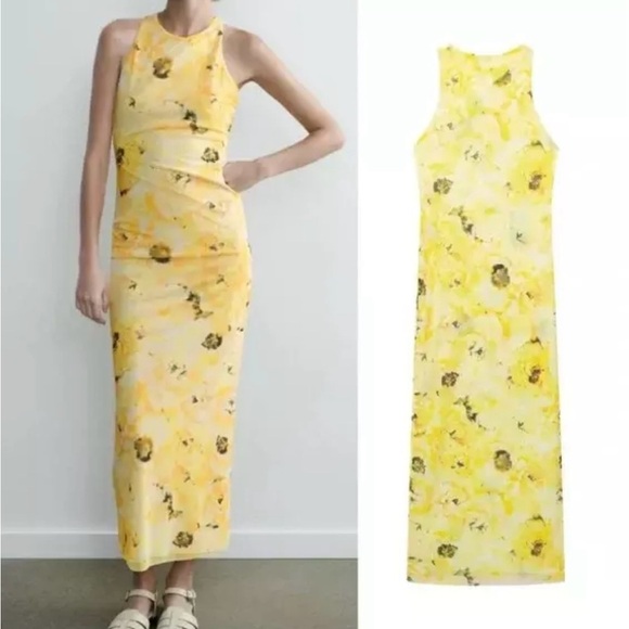 Zara yellow floral mesh criss cross back midi dress BLOGGERS FAVORITE!! NWT - Picture 5 of 7